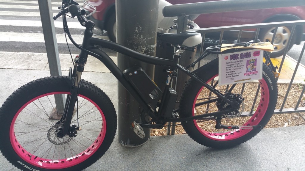 An electric fat bike, if you can read the sticker they have 4 still available, priced under $2k, and have a 500 watt motor which would make it illegal to ride on public roads and paths.