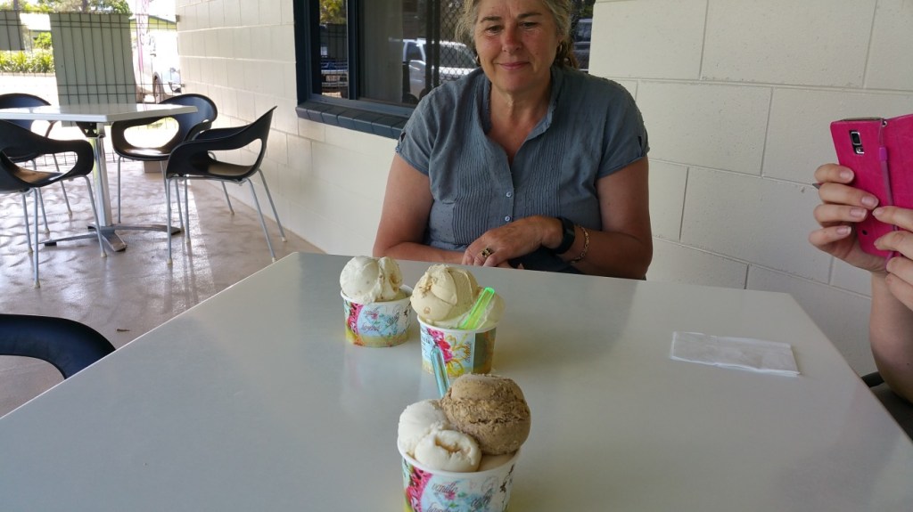 Ice creams at Emerald creek ice cream shop front. Funny thing is they are in the middle between Mareeba and Koran and do a great trade with the passing traffic. 